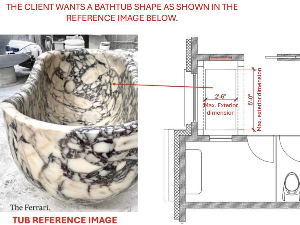 Client reference image and architectural plan defining the desired marble bathtub shape and maximum installation dimensions. Client reference image and architectural plan defining the desired marble bathtub shape and maximum installation dimensions.